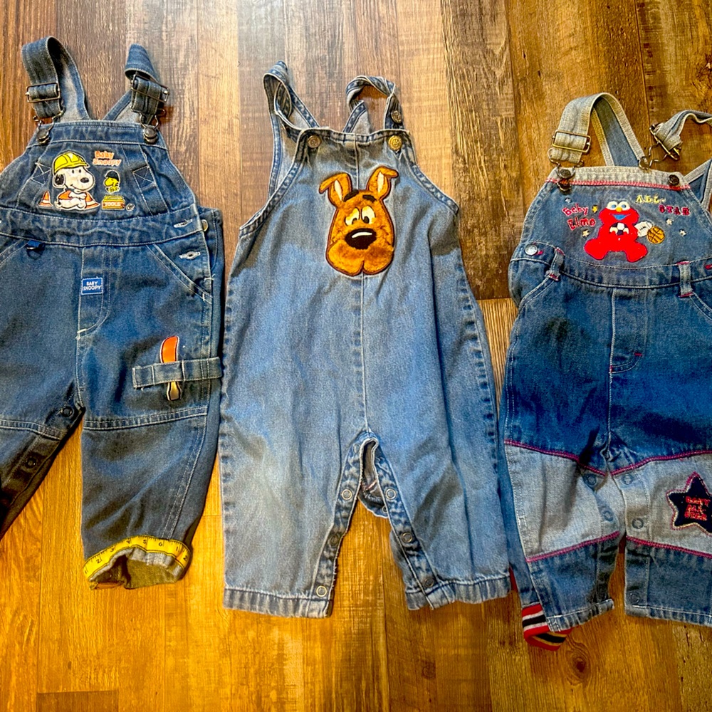 Vintage Snoopy, Scooby, and Elmo overalls